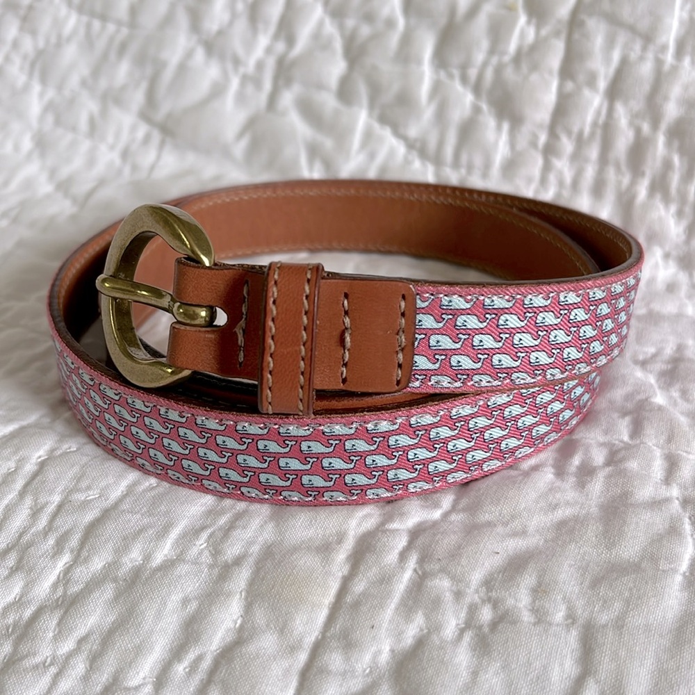 Vineyard Vines Preppy Canvas Leather Thin Belt Girls L Women XS Pink Whale